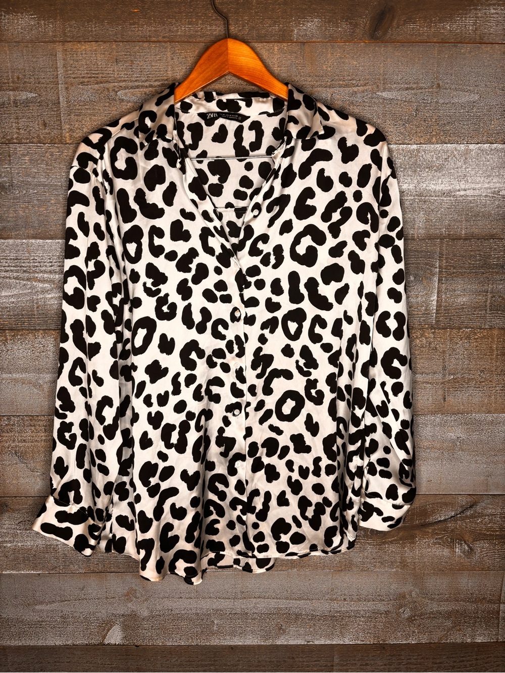 Zara Women’s M Black and White Leopard cheetah Print Button-Up career Blouse